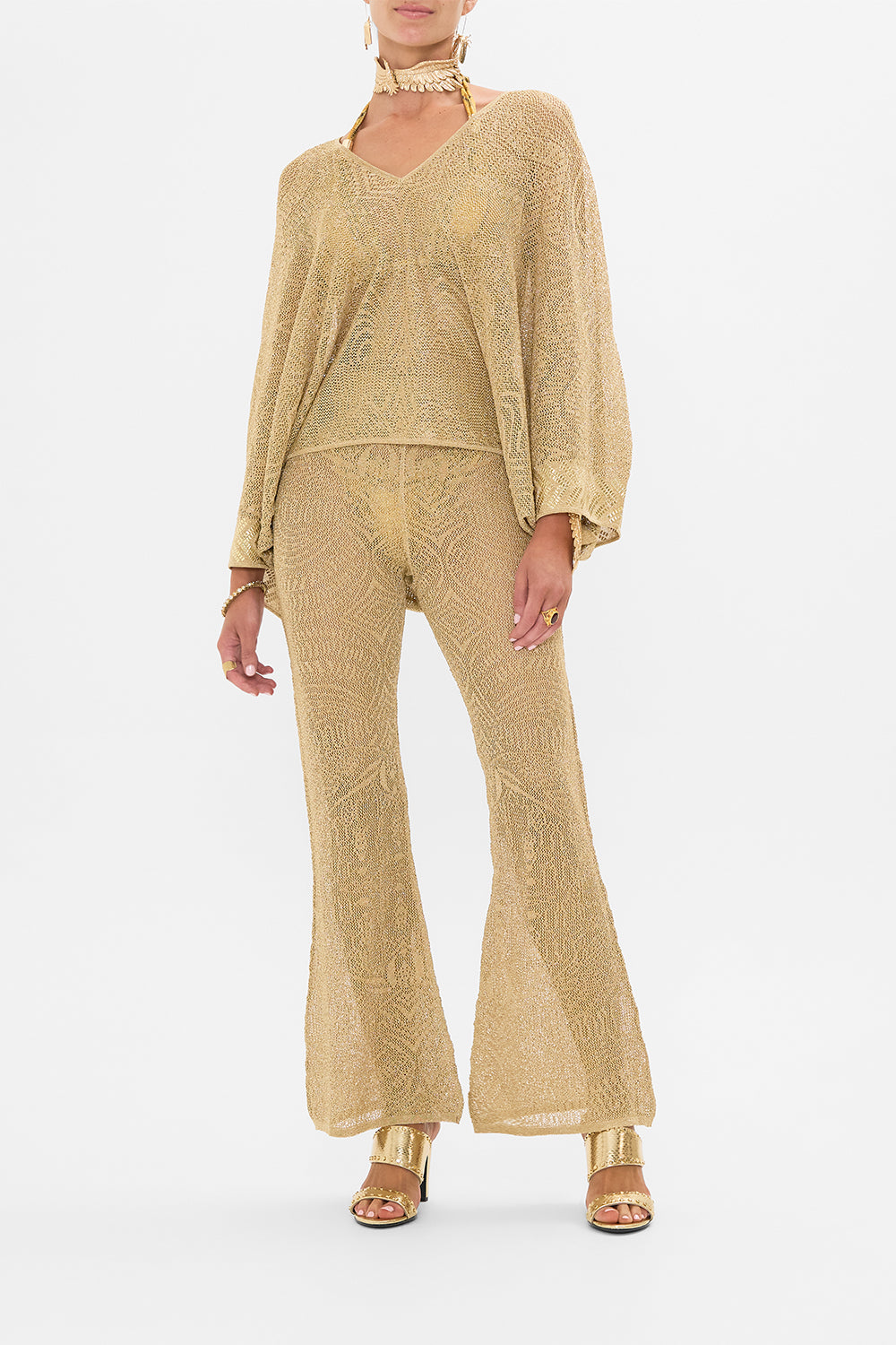 Hotel Franks by CAMILLA Gold Relaxed V-Neck Knit Pointelle Top in Valley of the Kings Print