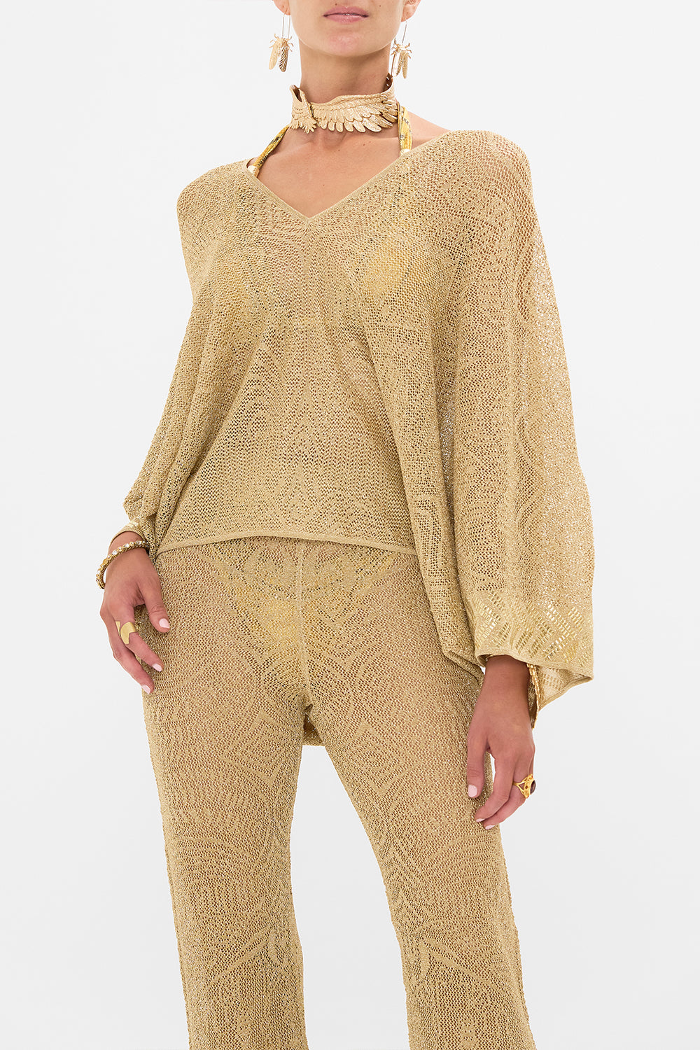Hotel Franks by CAMILLA Gold Relaxed V-Neck Knit Pointelle Top in Valley of the Kings Print