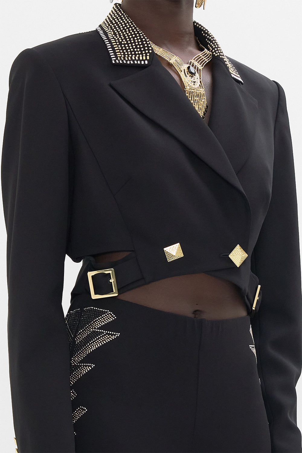 CAMILLA  Black/Gold Cropped Jacket with Cutout and Buckle Detail in They Called Her Nefertari print