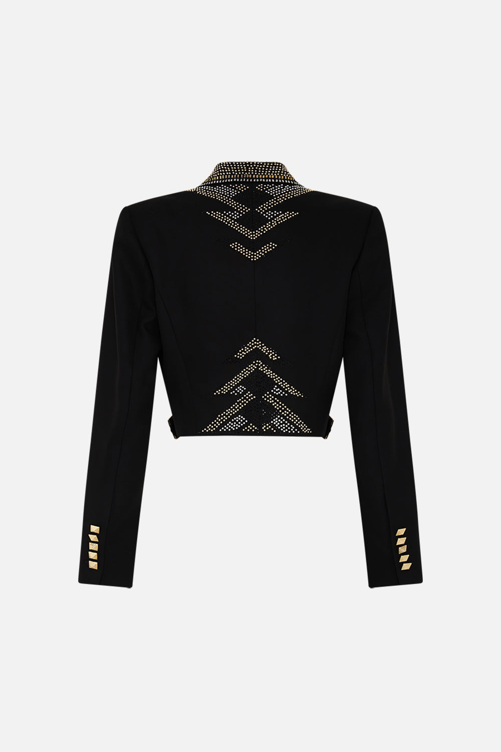 CAMILLA  Black/Gold Cropped Jacket with Cutout and Buckle Detail in They Called Her Nefertari print
