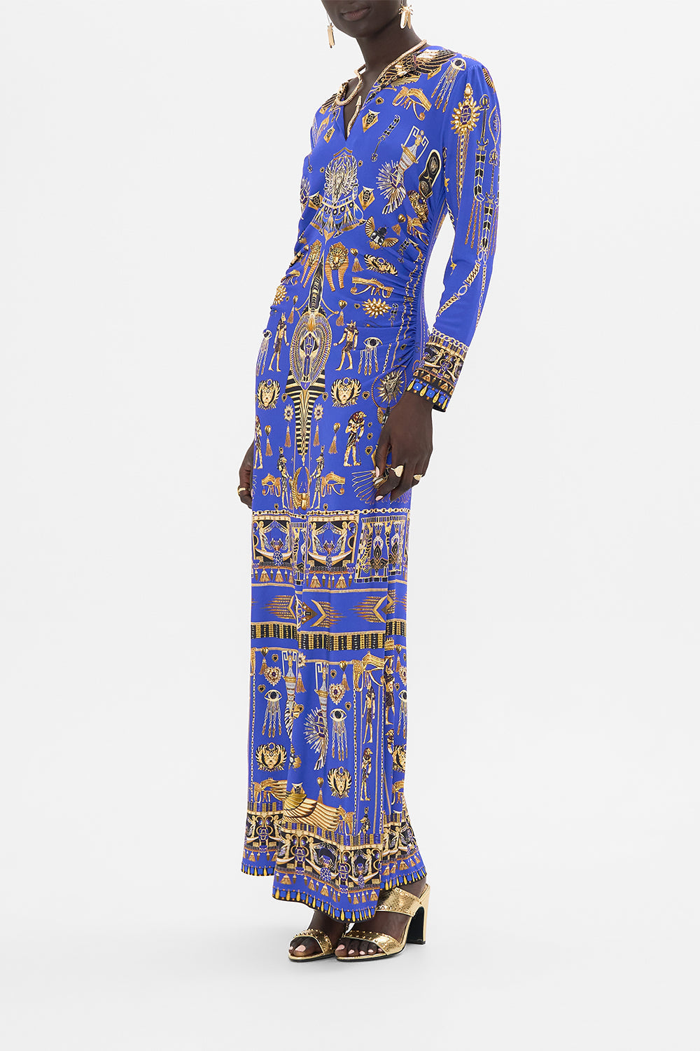 CAMILLA Gathered Jersey Long Dress in My Fair Pharaoh print. 