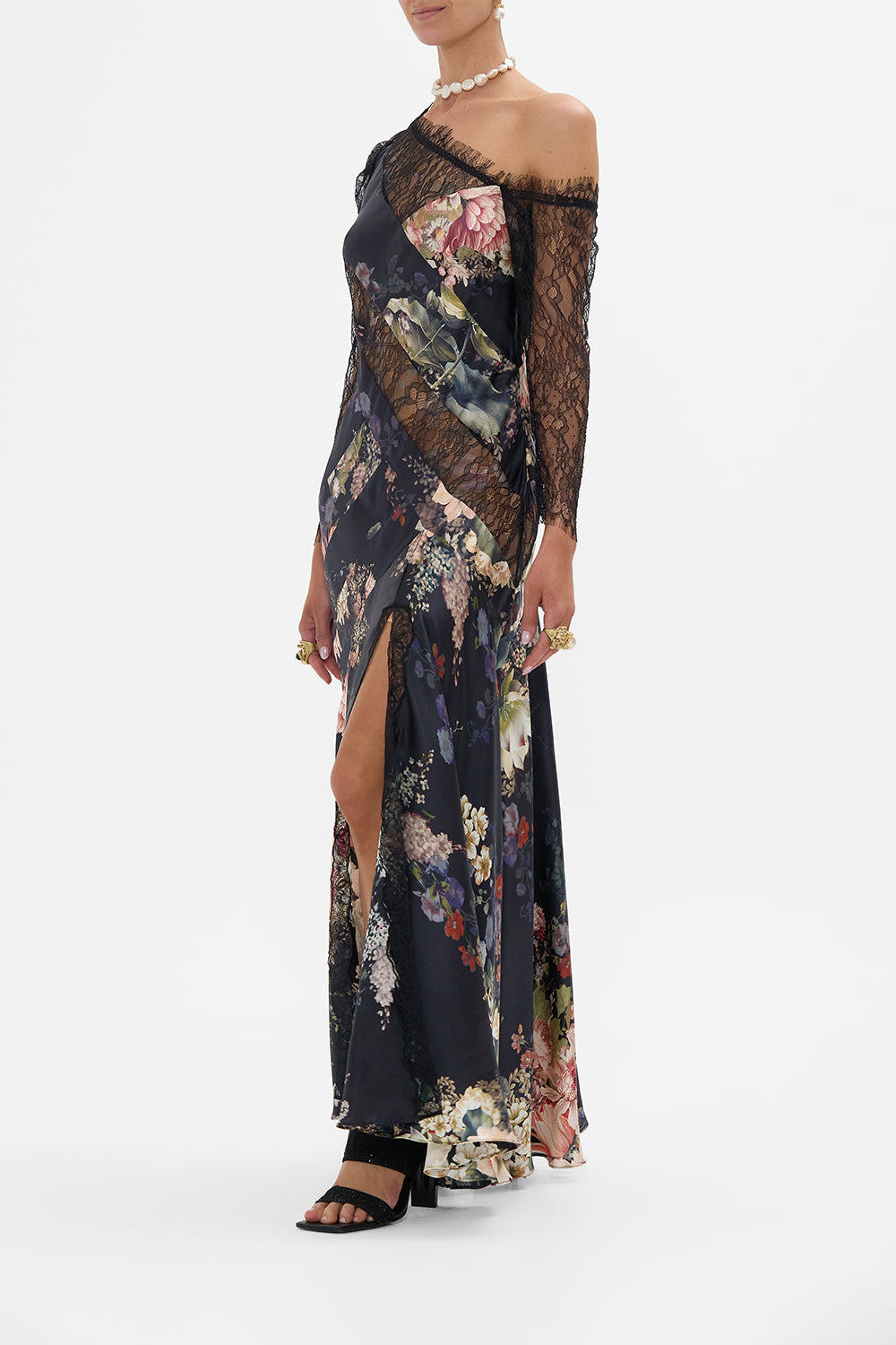 CAMILLA lace splice one shoulder dress in Dynasty Daze print. 