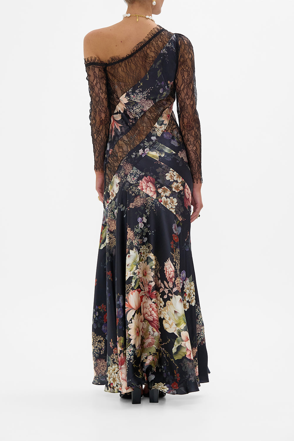 CAMILLA lace splice one shoulder dress in Dynasty Daze print. 