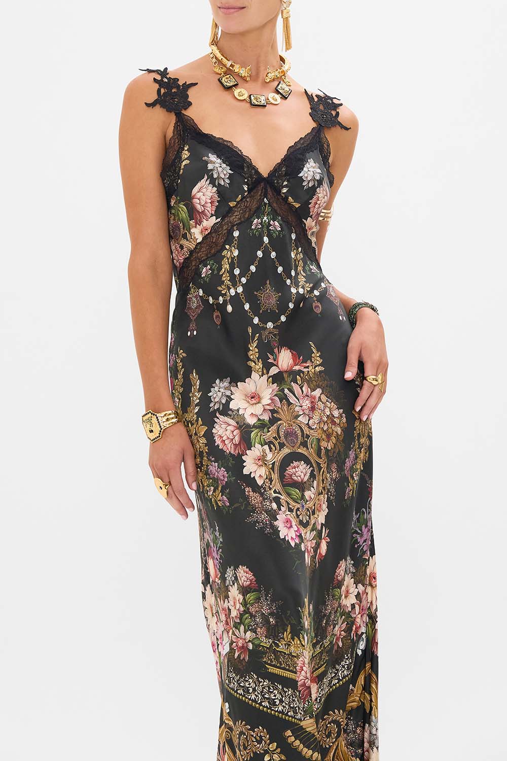 CAMILLA v neck full length bias slip in Dyansty Daze print. 