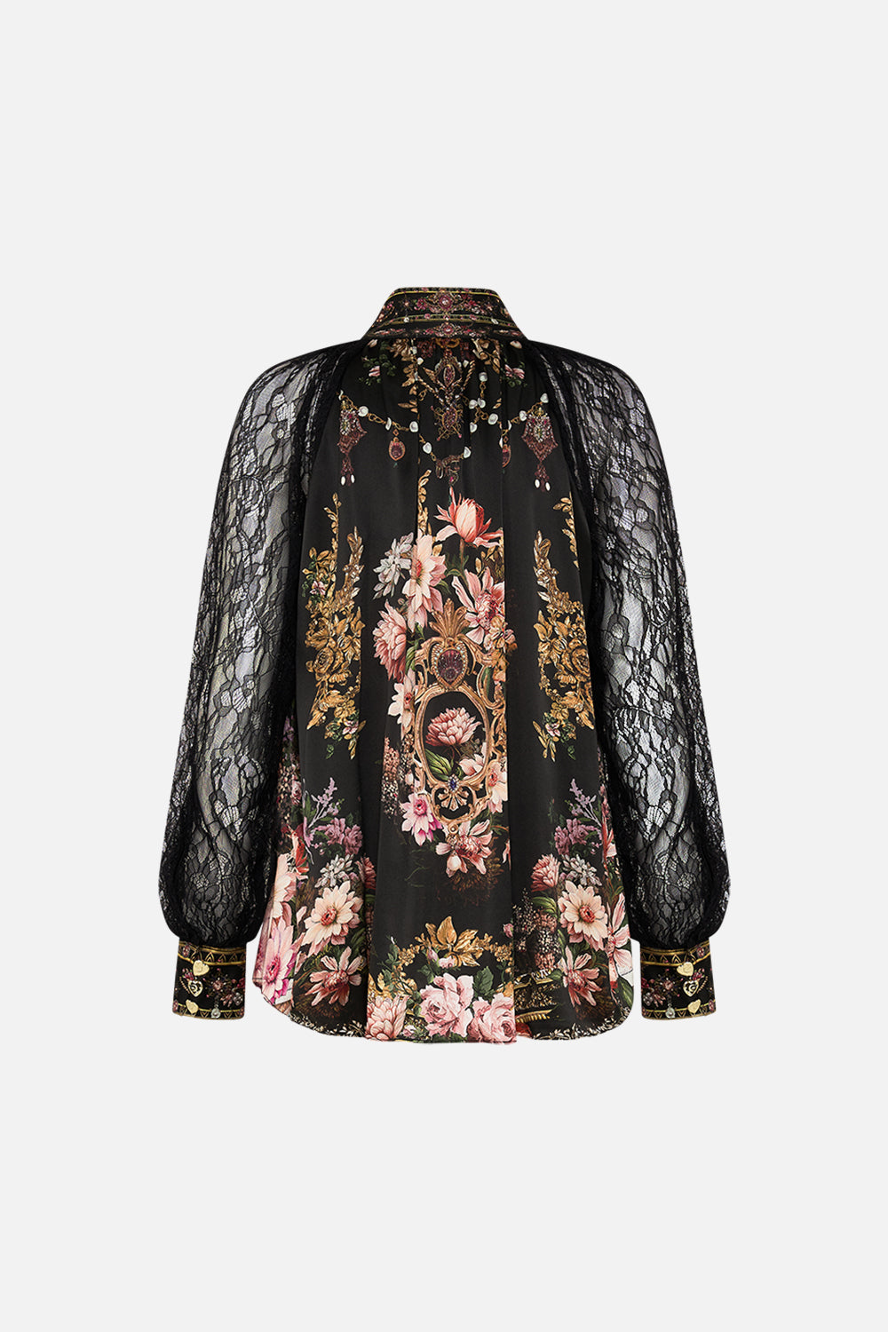 CAMILLA raglan button up shirt with lace at sleeve in Dynasty Daze print. 