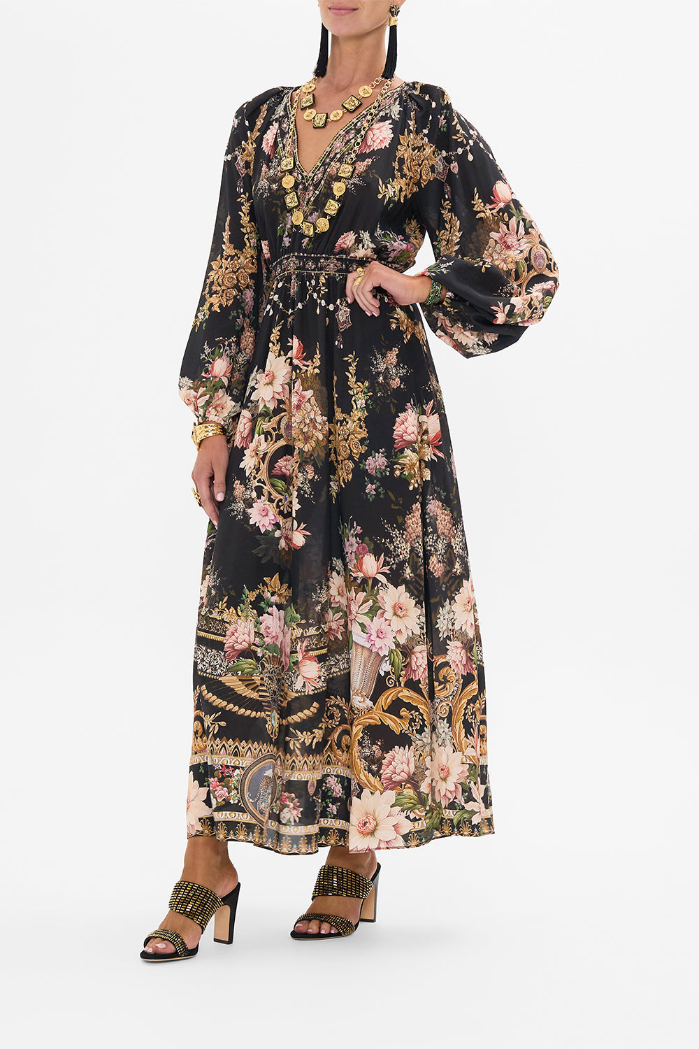 CAMILLA raglan shirred waist dress in Dynasty Daze print. 