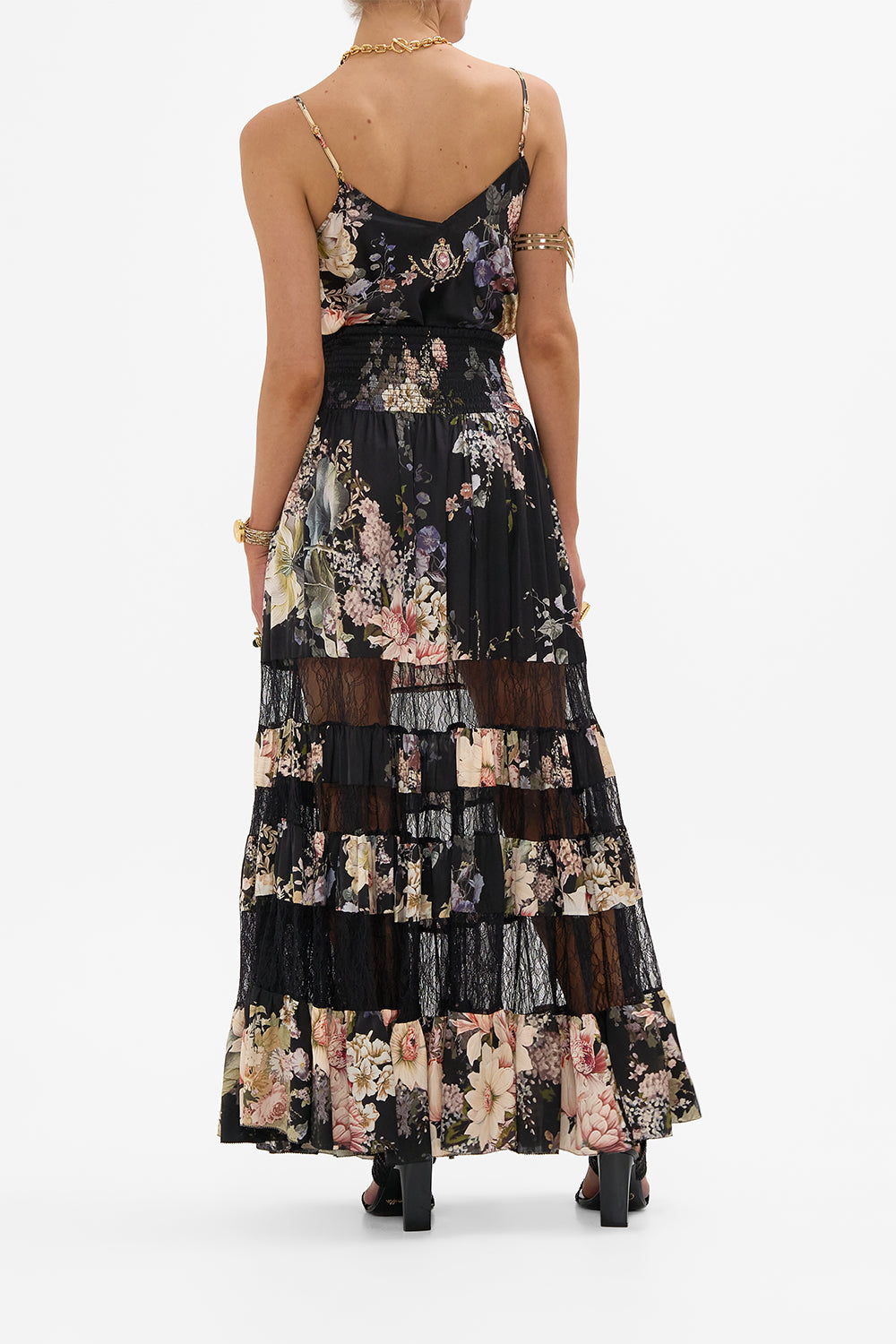 CAMILLA maxi skirt with lace inserts in Dyansty Daze print.  