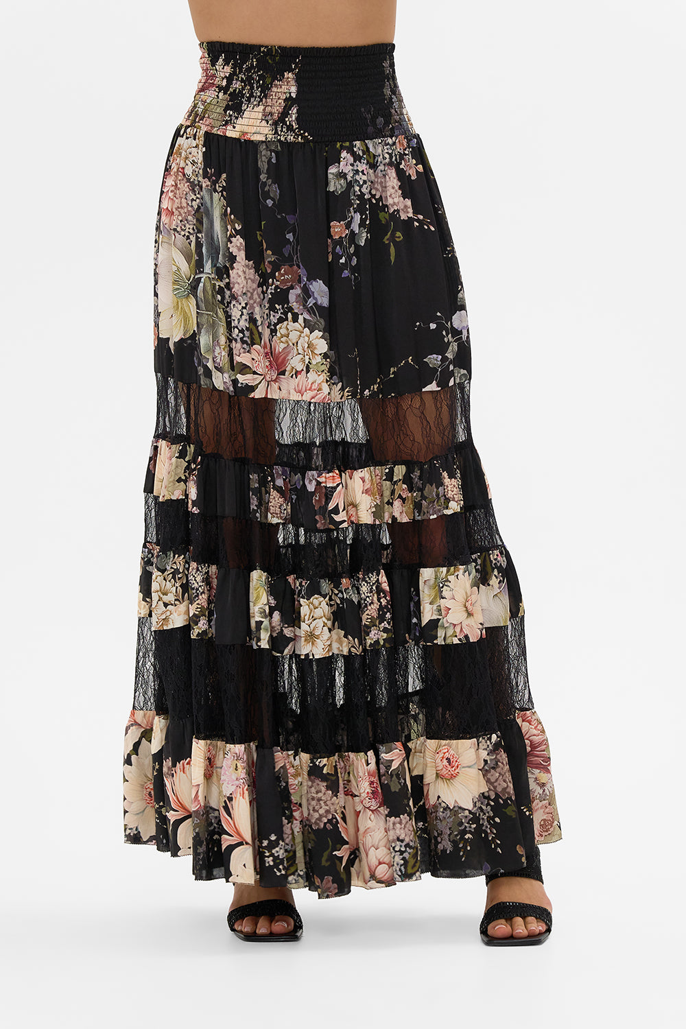 CAMILLA maxi skirt with lace inserts in Dyansty Daze print.  