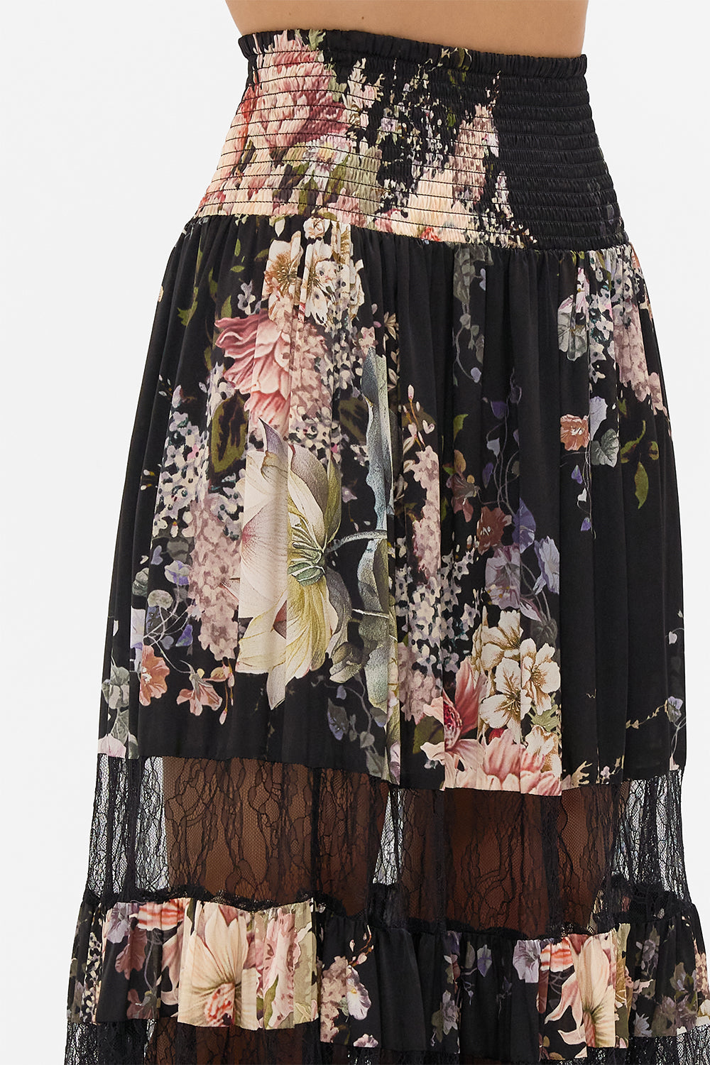CAMILLA maxi skirt with lace inserts in Dyansty Daze print.  