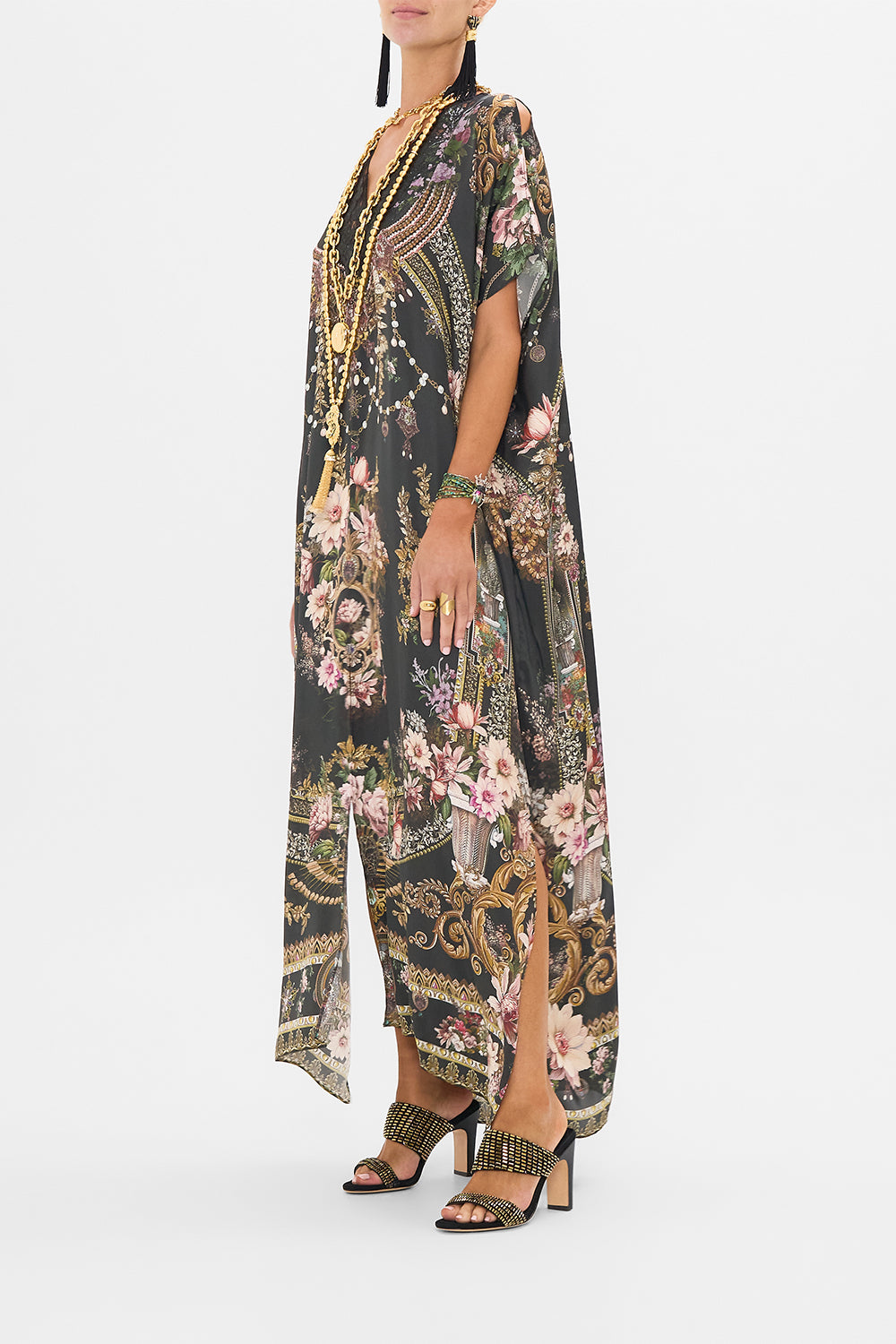 CAMILLA slim fit kaftan with lace and embroidery in Dynasty Daze print. 