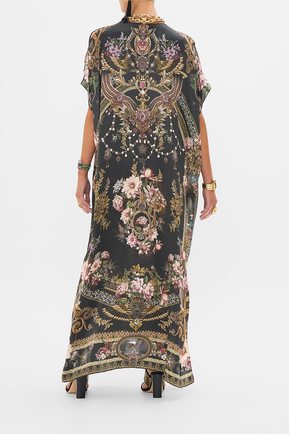 CAMILLA slim fit kaftan with lace and embroidery in Dynasty Daze print. 