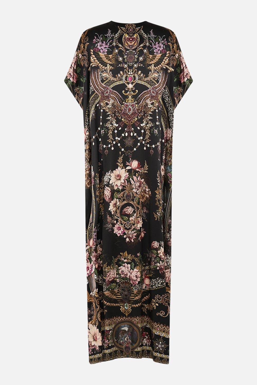 CAMILLA slim fit kaftan with lace and embroidery in Dynasty Daze print. 