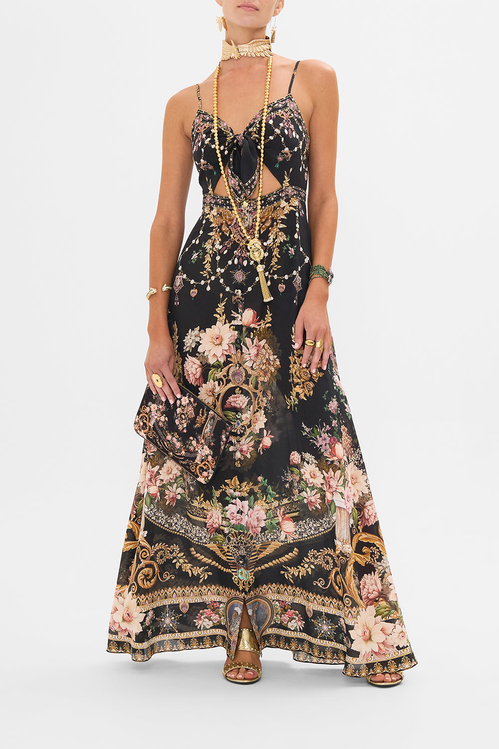 CAMILLA tie front cut out maxi dress in Dynasty Daze print. 