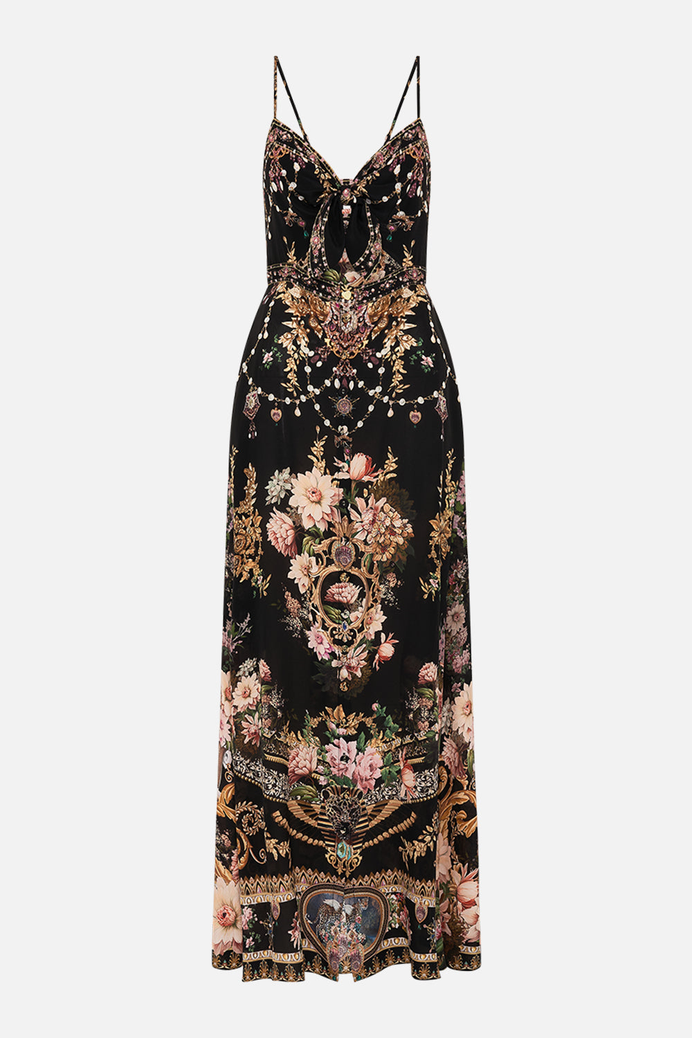 CAMILLA tie front cut out maxi dress in Dynasty Daze print. 