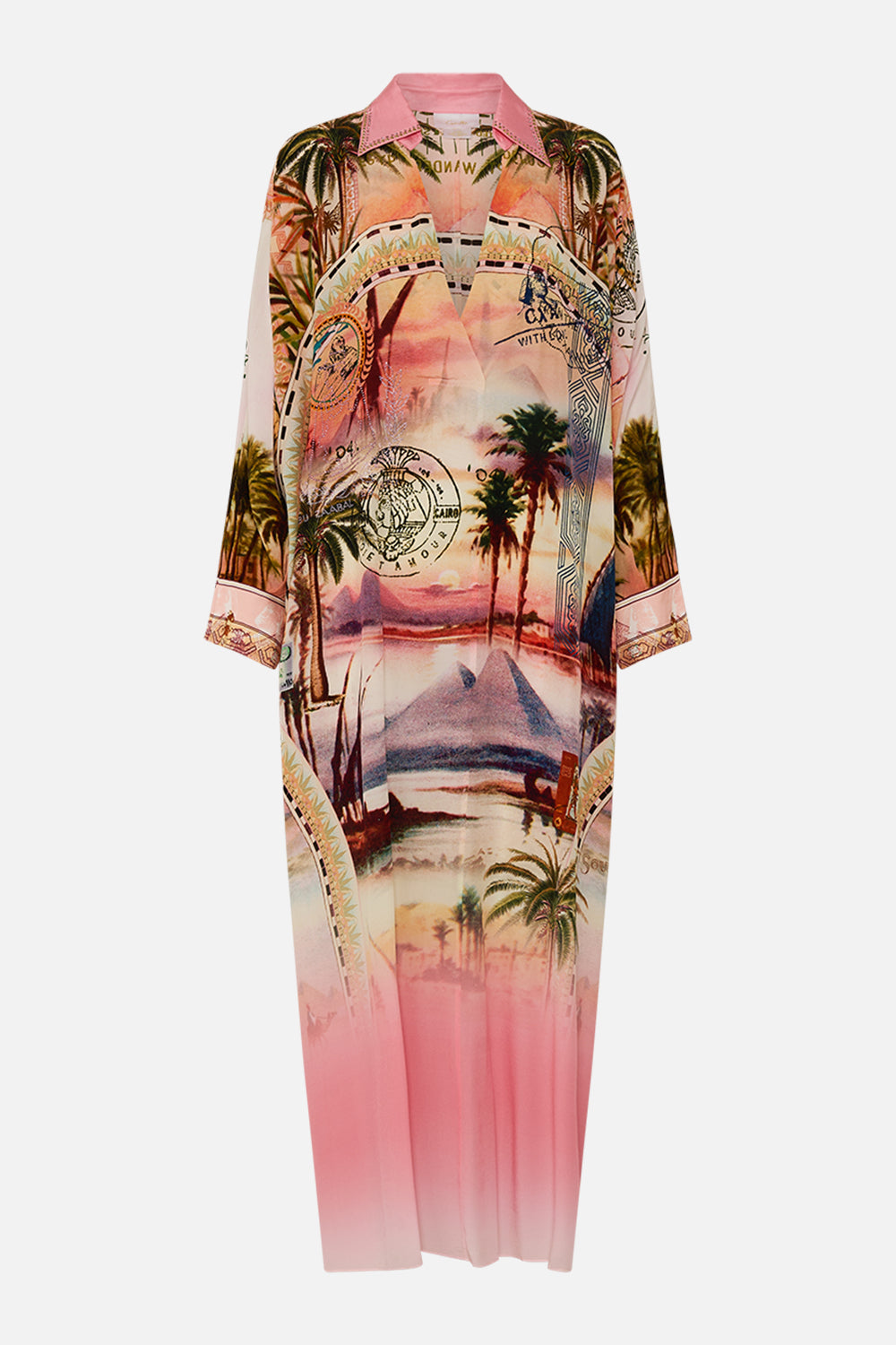 CAMILLA wing collar kaftan in Milla's Got Mail print. 