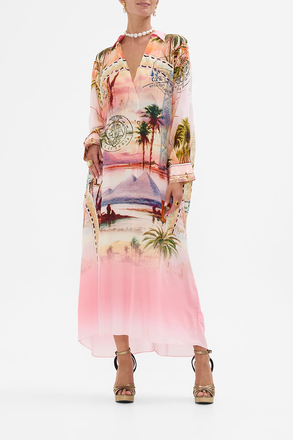 CAMILLA wing collar kaftan in Milla's Got Mail print. 