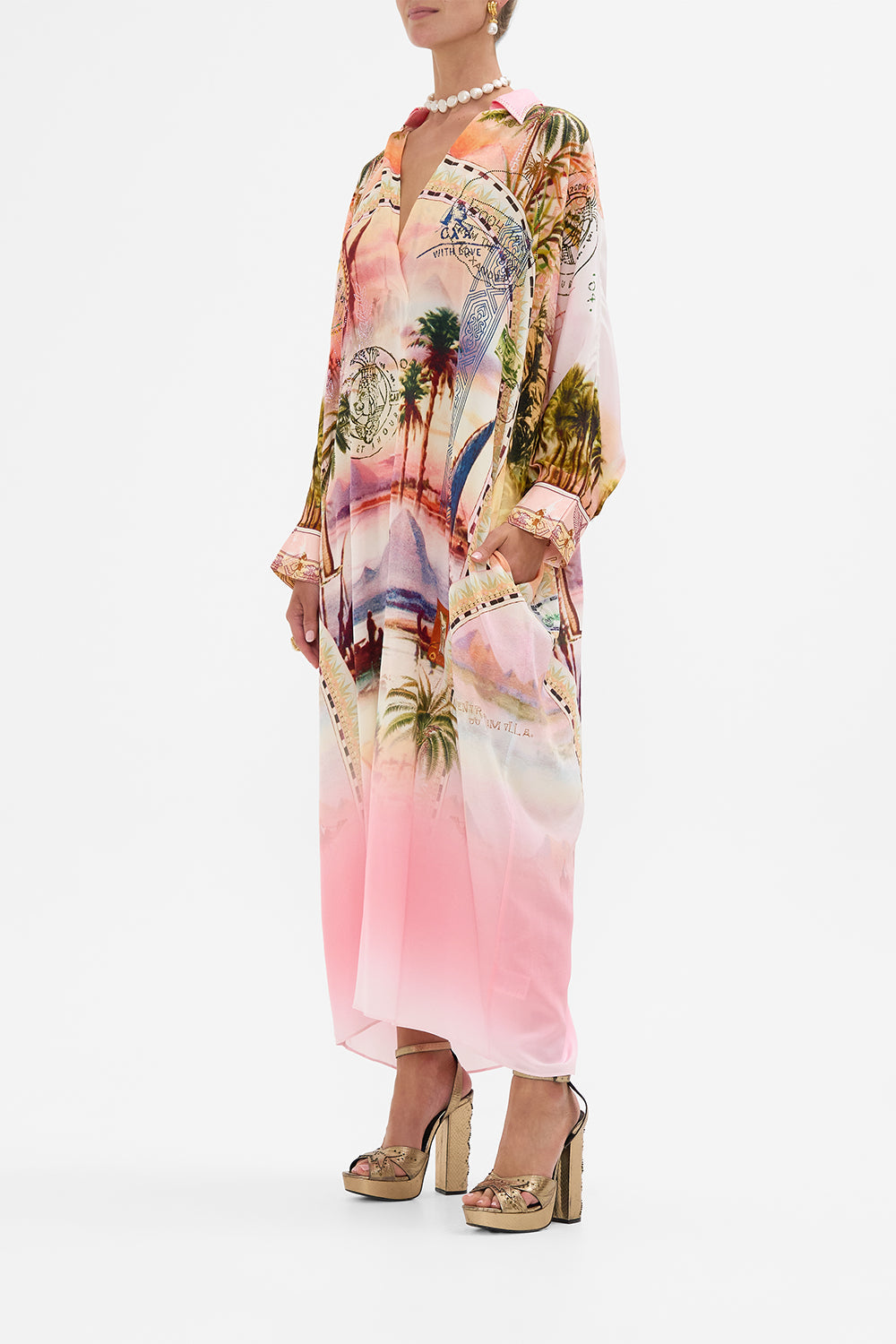 CAMILLA wing collar kaftan in Milla's Got Mail print. 
