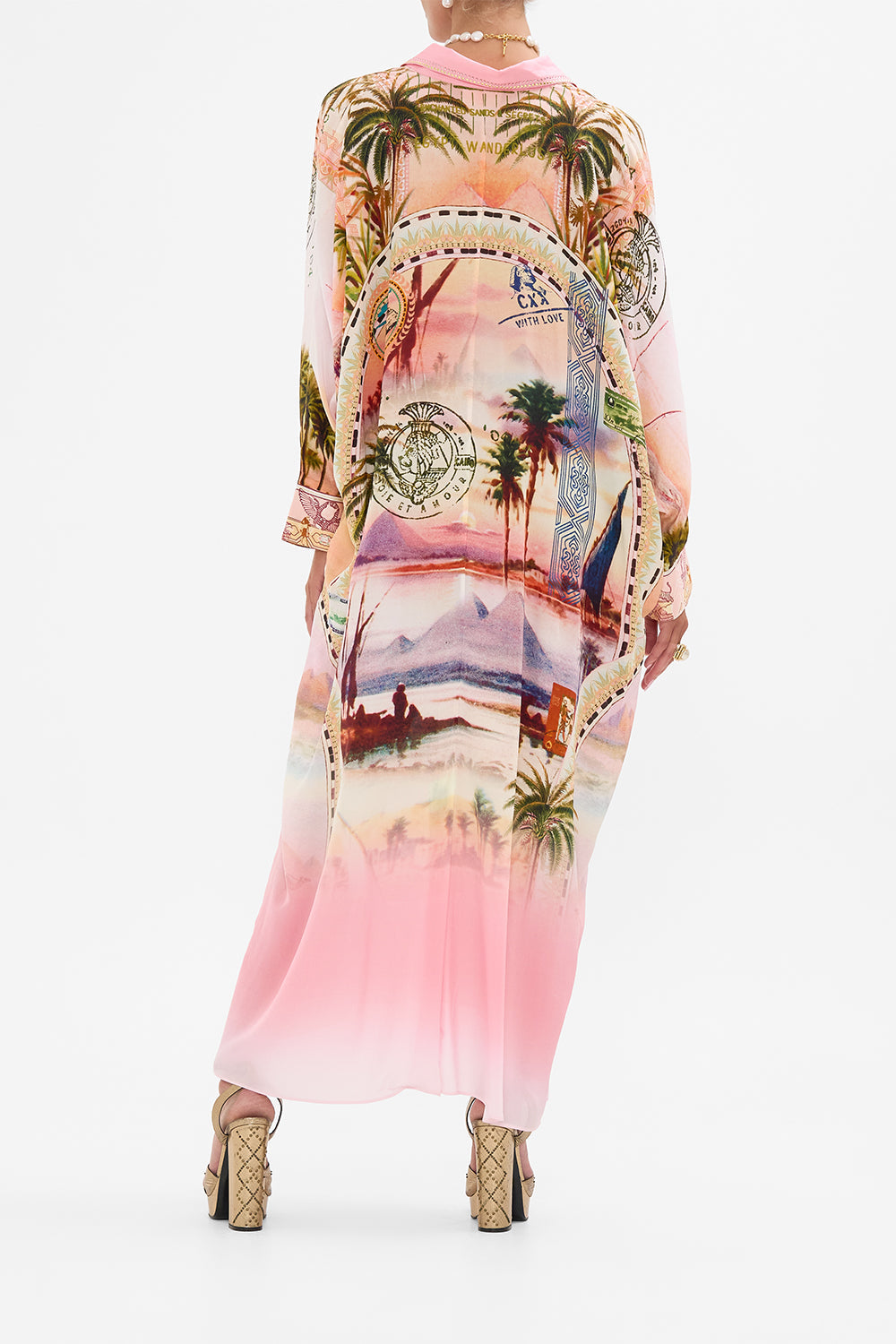 CAMILLA wing collar kaftan in Milla's Got Mail print. 