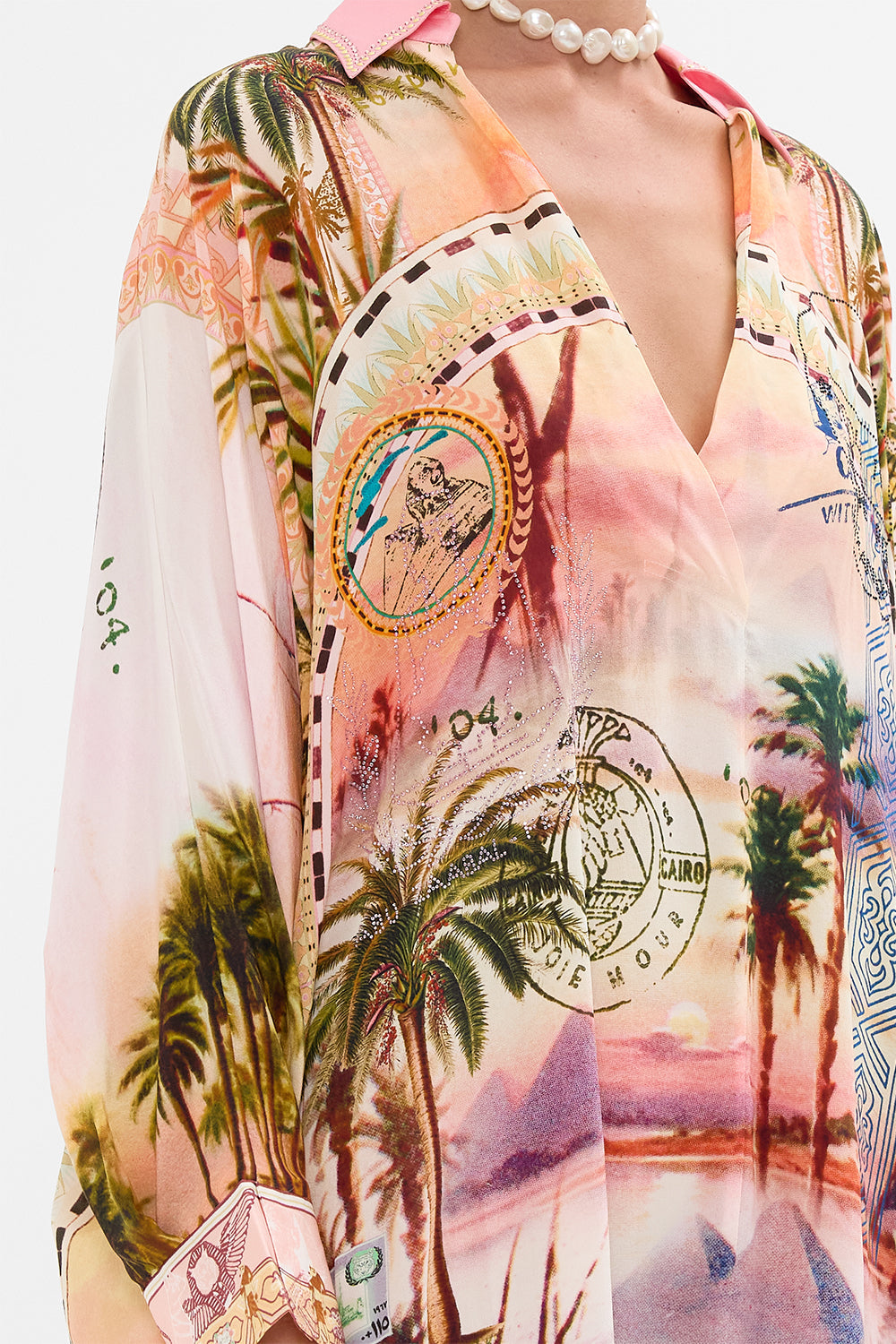 CAMILLA wing collar kaftan in Milla's Got Mail print. 