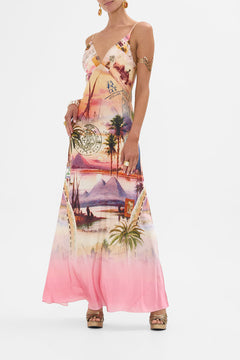 CAMILLA v neck full length bias slip dress in Milla's Got Mail print. 