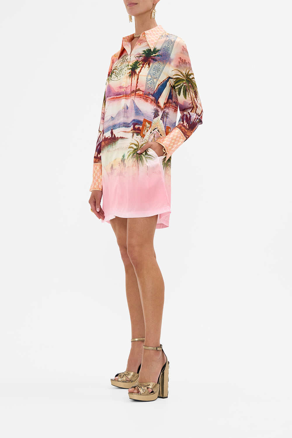 CAMILLA mini shirt dress in Milla's Got Mail print. 