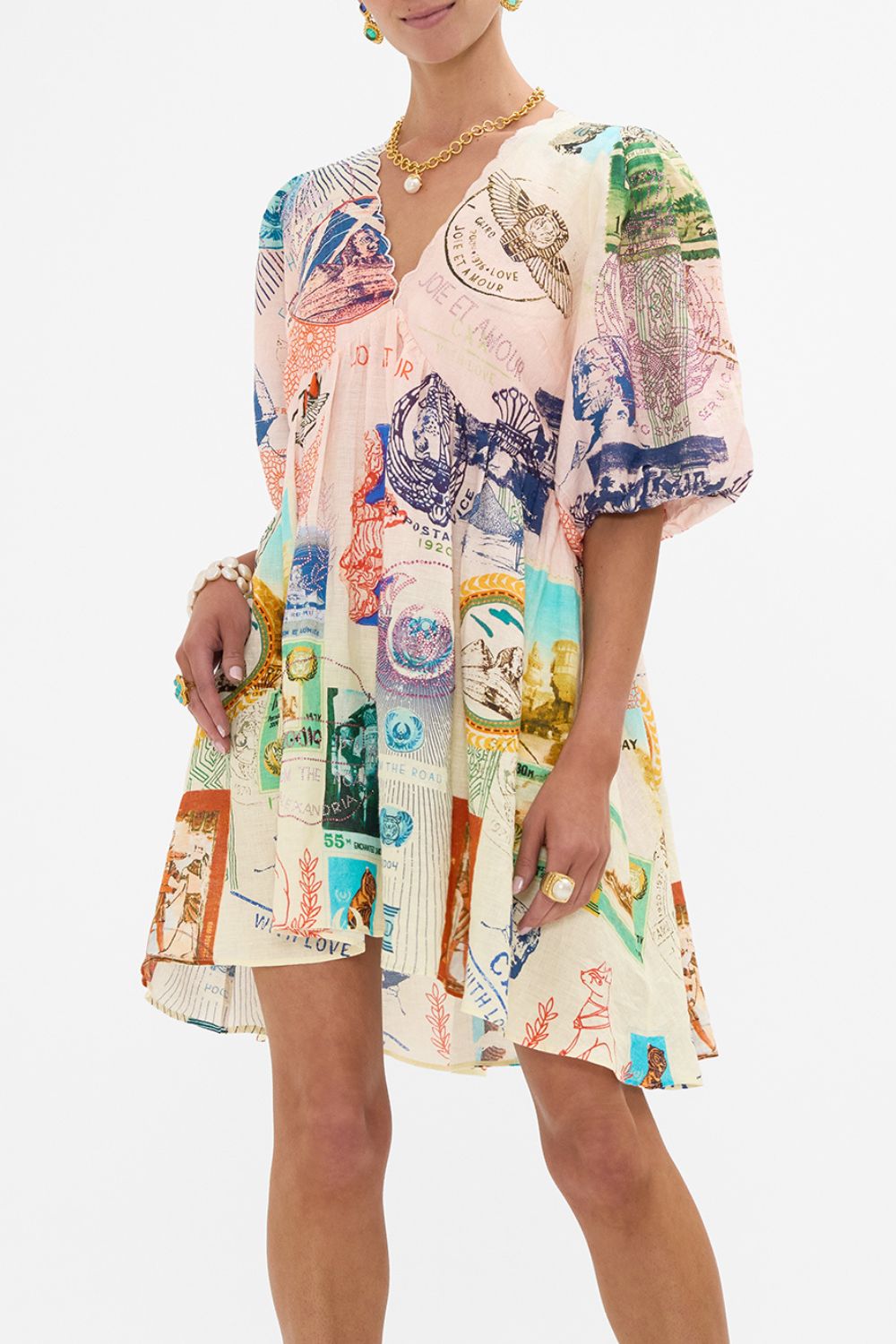 CAMLLA v neck puff sleeve short dress in Haute Passport print. 