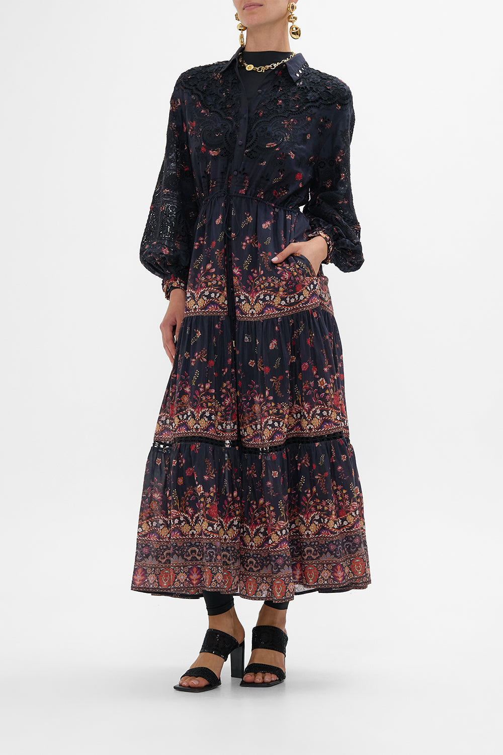 CAMILLA Embroidered Tiered Long Shirt Dress Loom to Tomb print