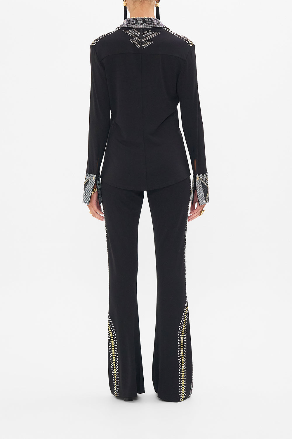 CAMILLA Black Fitted Jersey Shirt in They Called Her Nefertari print.