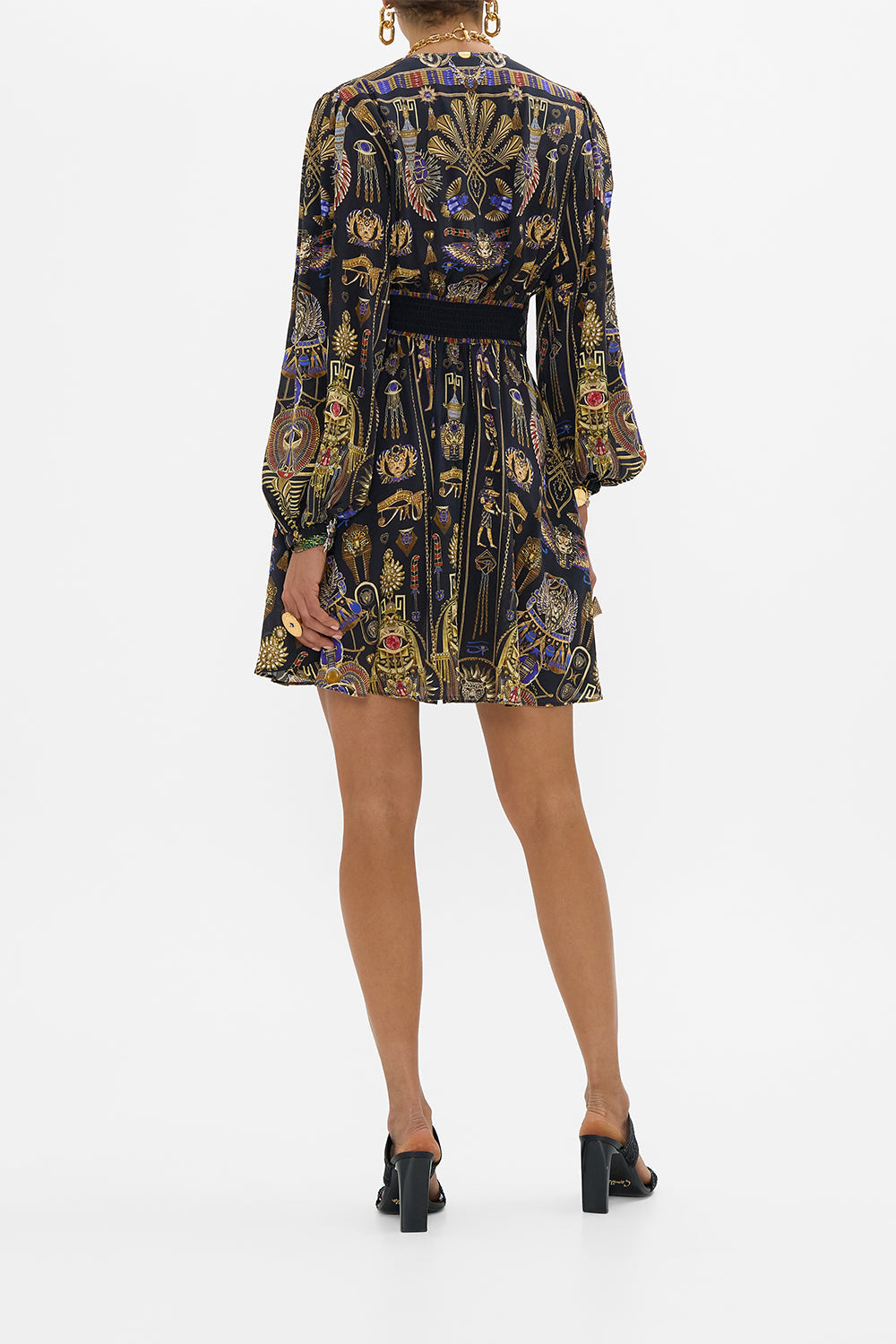 CAMILLA Curved Waisted Short Dress in Cartouche Kingdom print. 