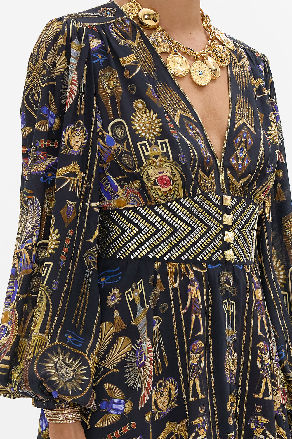 CAMILLA Curved Waisted Short Dress in Cartouche Kingdom print. 