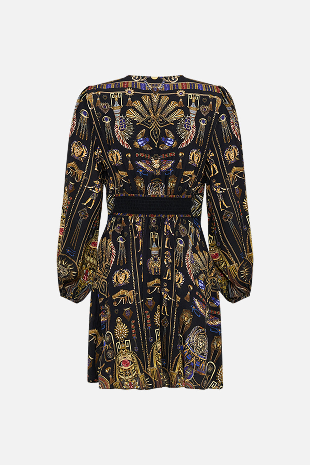 CAMILLA Curved Waisted Short Dress in Cartouche Kingdom print. 