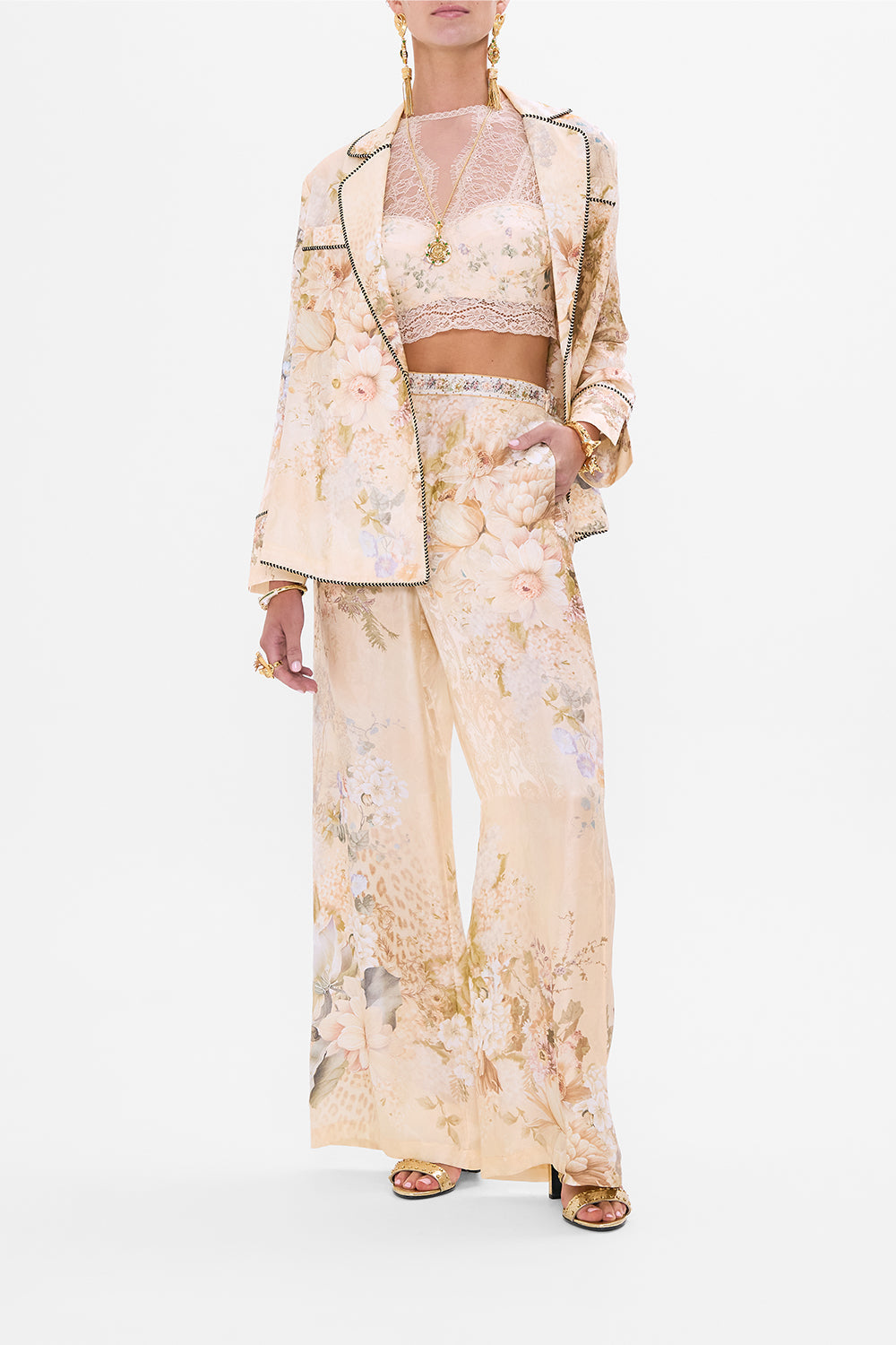 CAMILLA floral minimal wide leg pant in Adorned in Antiquity print. 