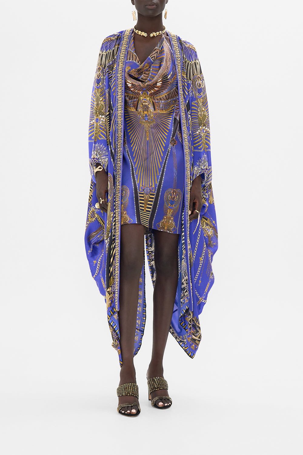 CAMILLA Draped Short Dress With Neckpiece in My Fair Pharaoh print. 