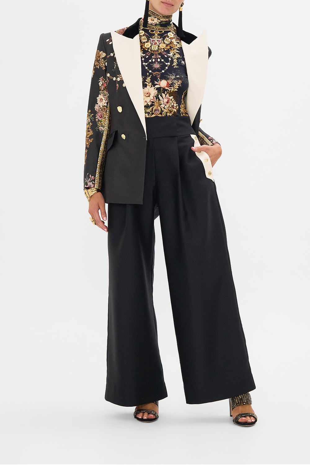 CAMILLA double breasted suit jacket in Dynasty Daze print. 