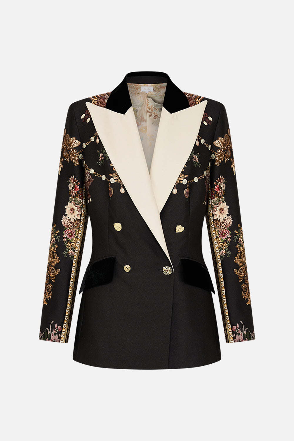CAMILLA double breasted suit jacket in Dynasty Daze print. 