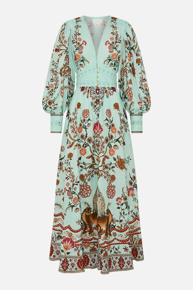 SHAPED WAISTBAND DRESS WITH GATHERED SLEEVES WEAVING WORLDS
