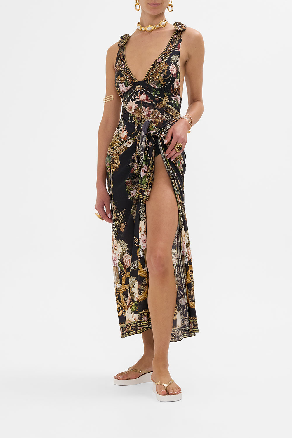 CAMILLA ruched tri tie shoulder one piece in The Dynasty Daze print. 