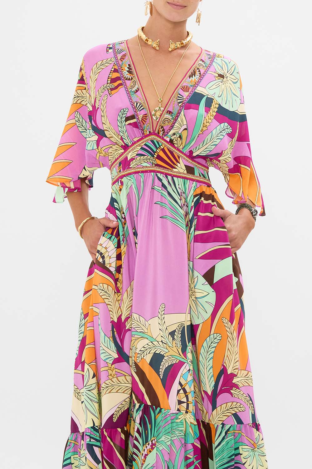 CAMILLA Waisted Dress With Hem Ruffle in Giza Goddess print. 