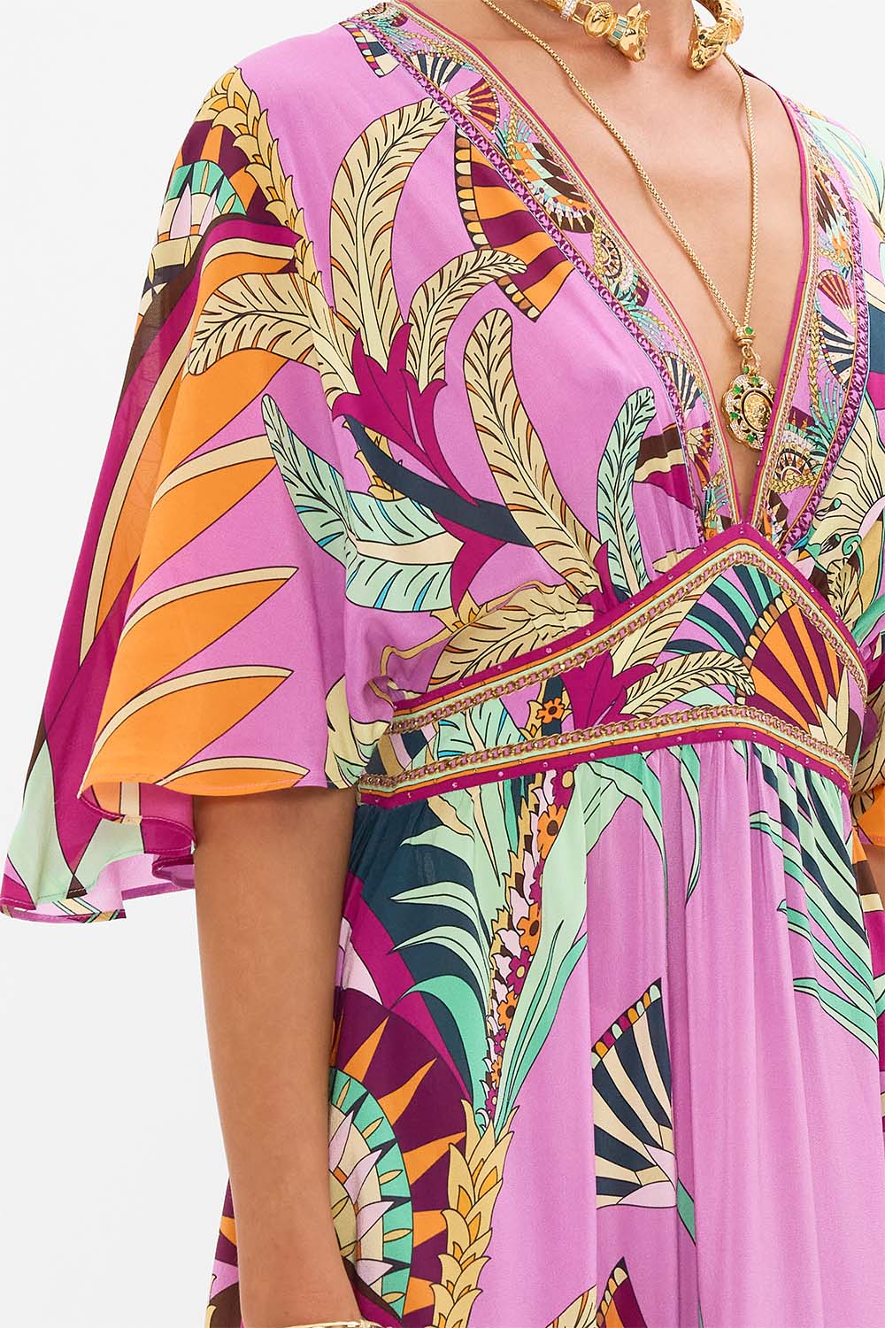 CAMILLA Waisted Dress With Hem Ruffle in Giza Goddess print. 