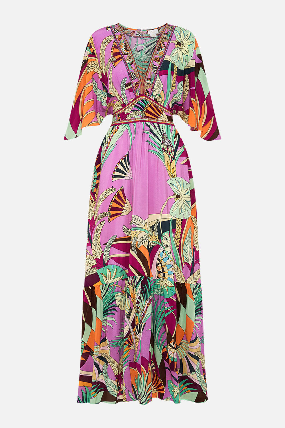 CAMILLA Waisted Dress With Hem Ruffle in Giza Goddess print. 