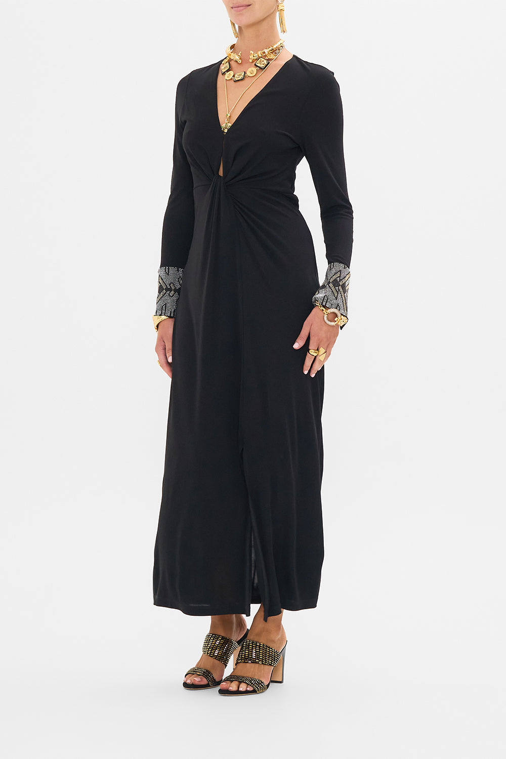 CAMILLA Long V Neck Twist Front Jersey Dress in Cartouche Kingdom print.