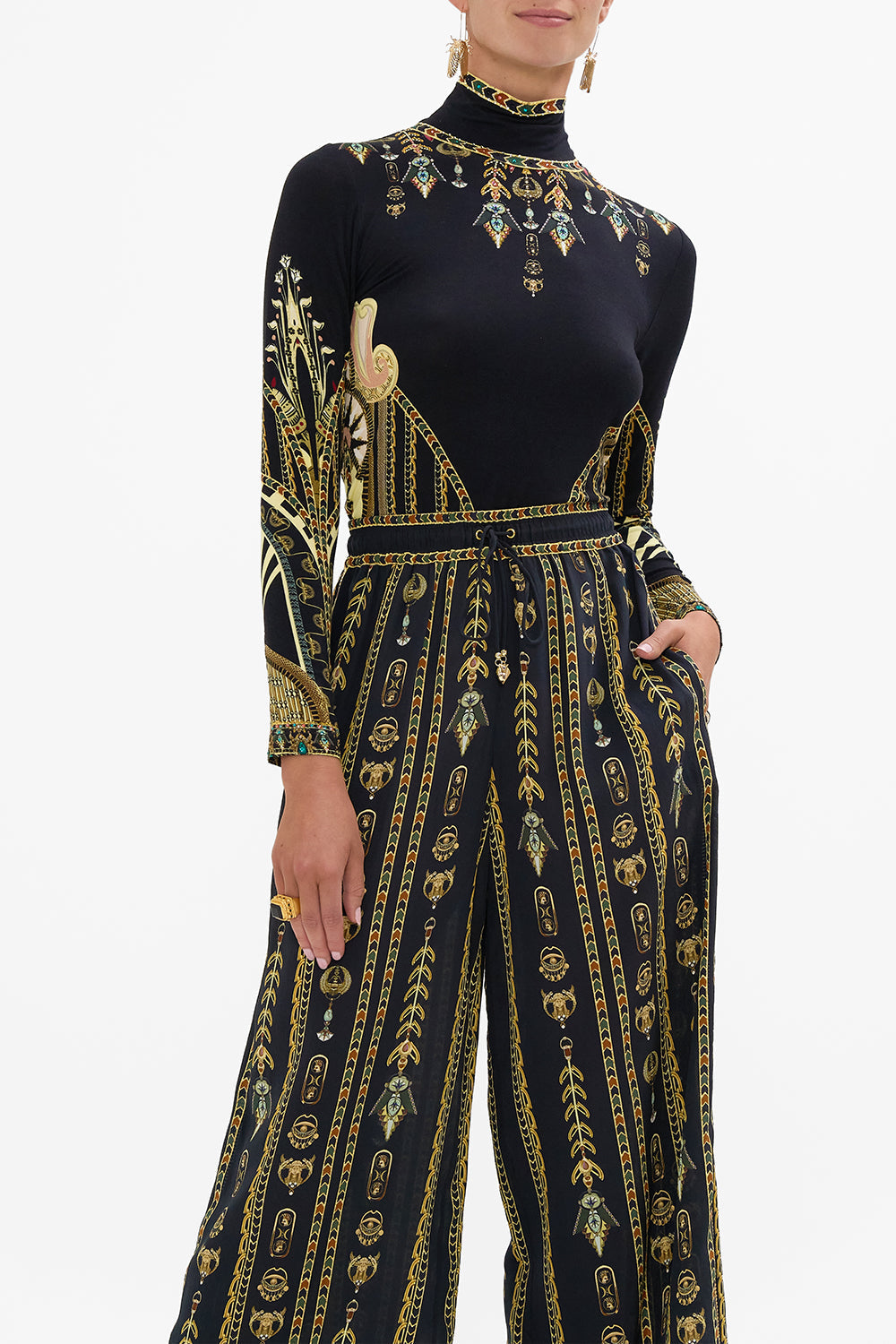 CAMILLA Black/Gold Jersey Turtleneck in They Called Her Nefertari print
