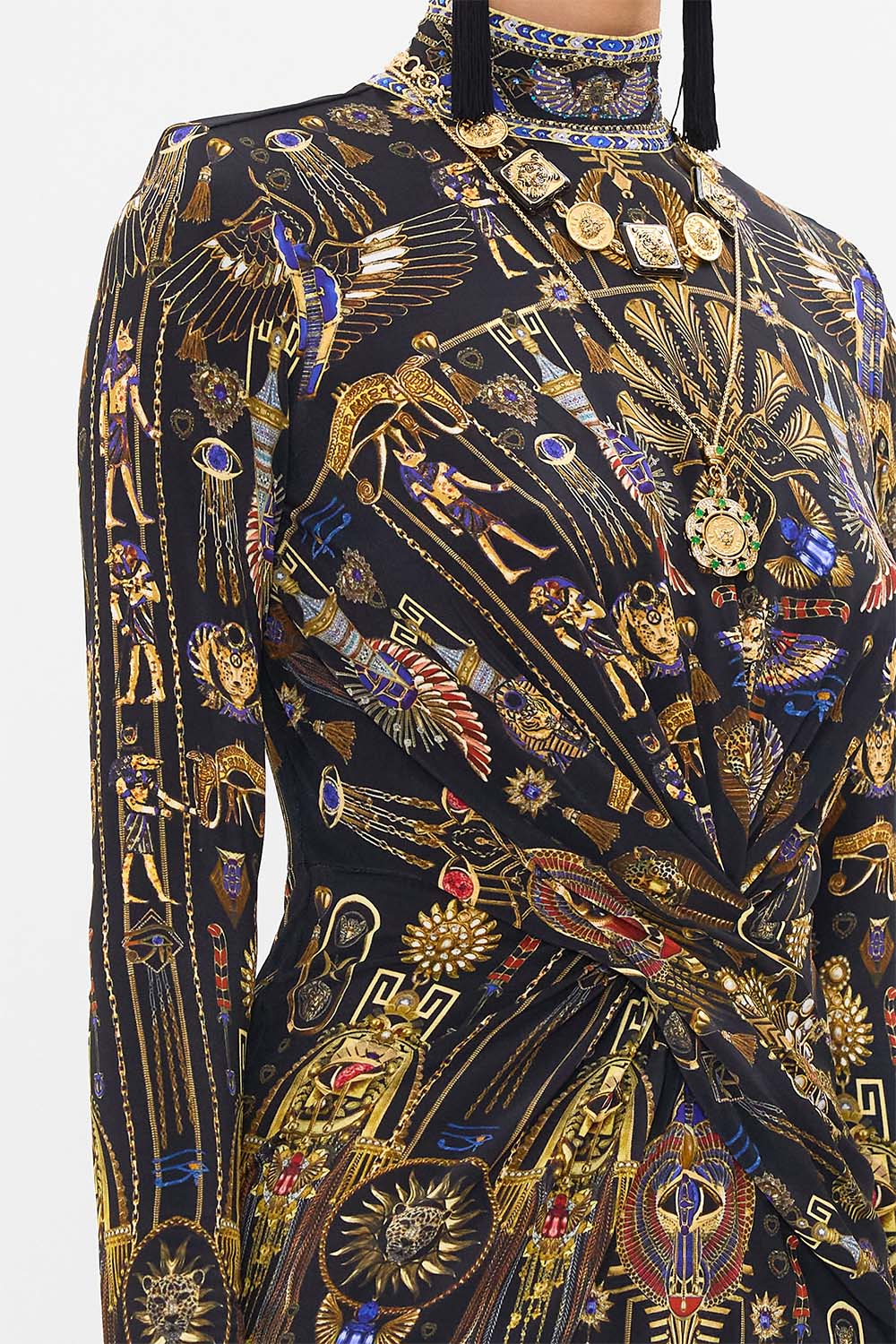 CAMILLA Cross Front Mini Dress in Cartouche Kingdom print. 