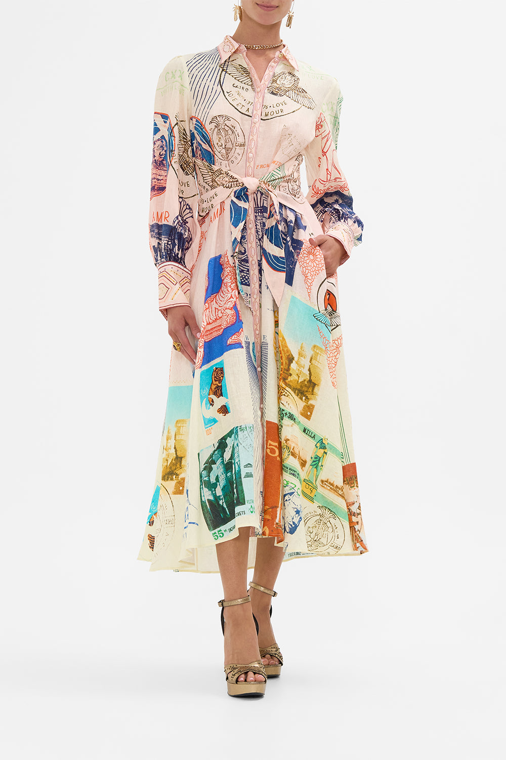CAMILLA waisted tie shirt dress in Haute Passport print 