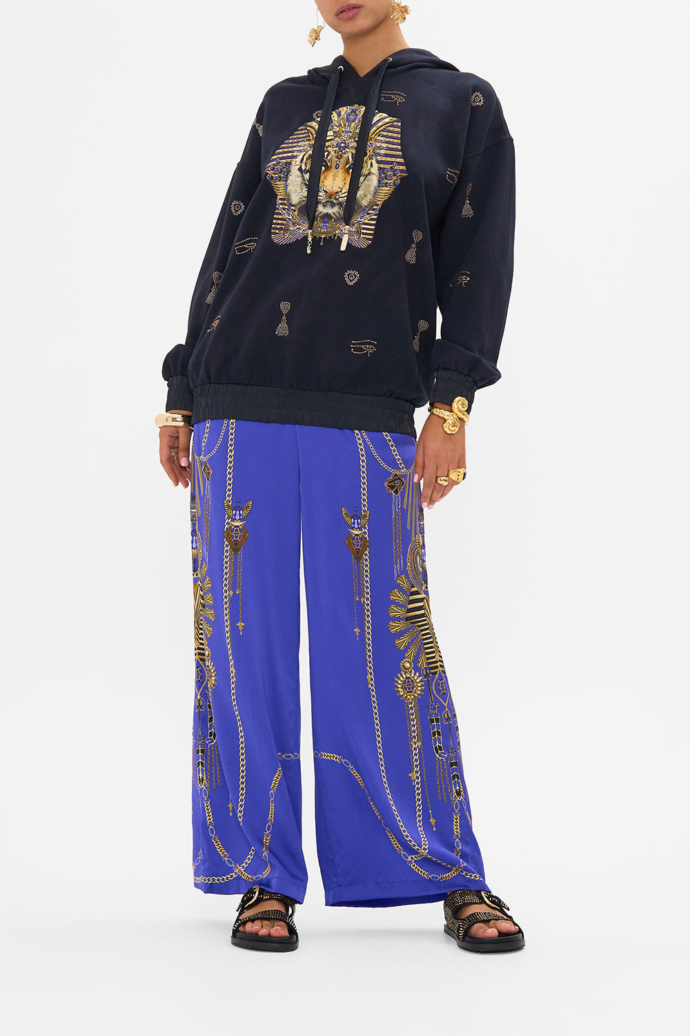CAMILLA Silk Band Oversized Hoodie with Pockets in My Fair Pharaoh print. 