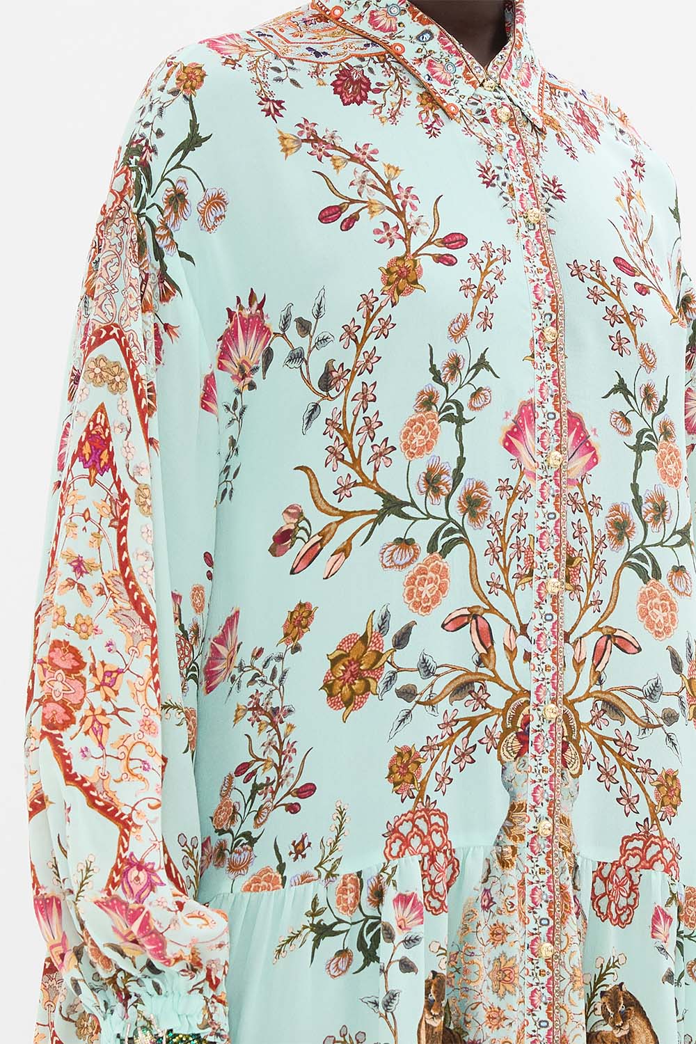 CAMILLA Long Sleeve Tiered Short Dress in Weaving Worlds print