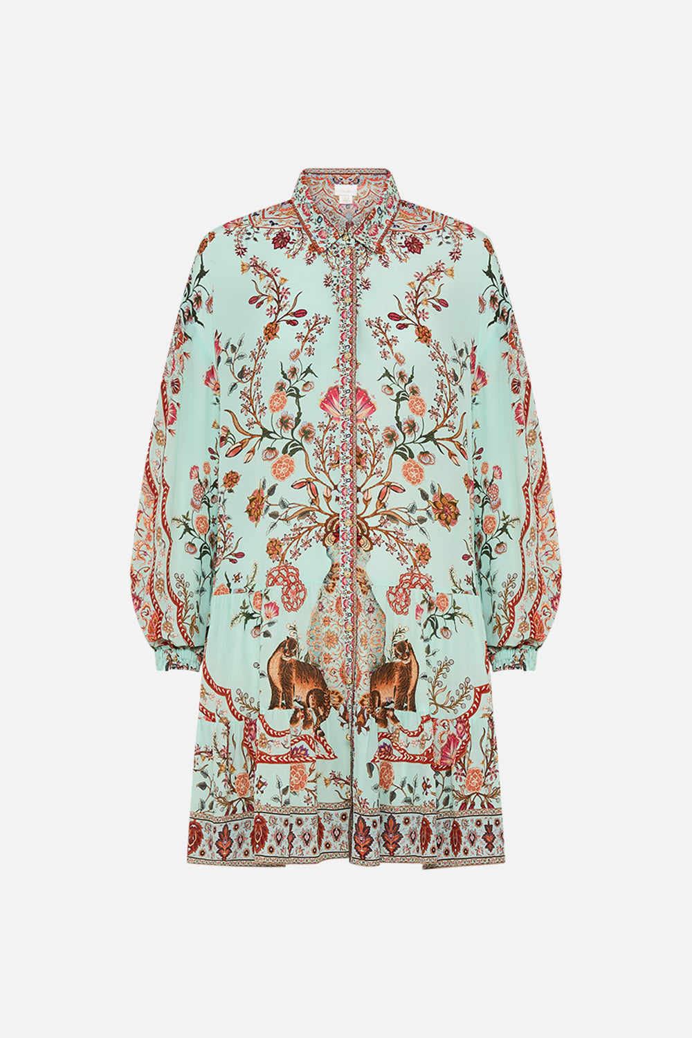 CAMILLA Long Sleeve Tiered Short Dress in Weaving Worlds print