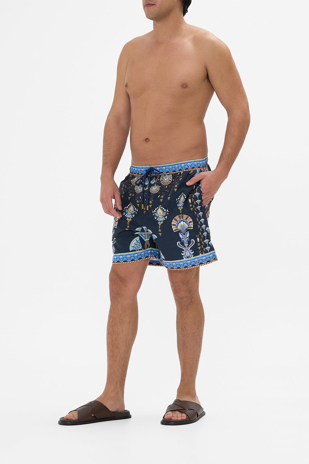 Hotel Franks By CAMILLA Black mid length boardshort in Under Scarab Skies print.