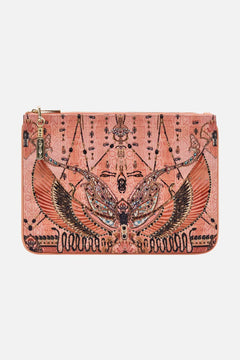 CAMILLA Gold Small Canvas Clutch in Kingdom of Hieroglyphs Print