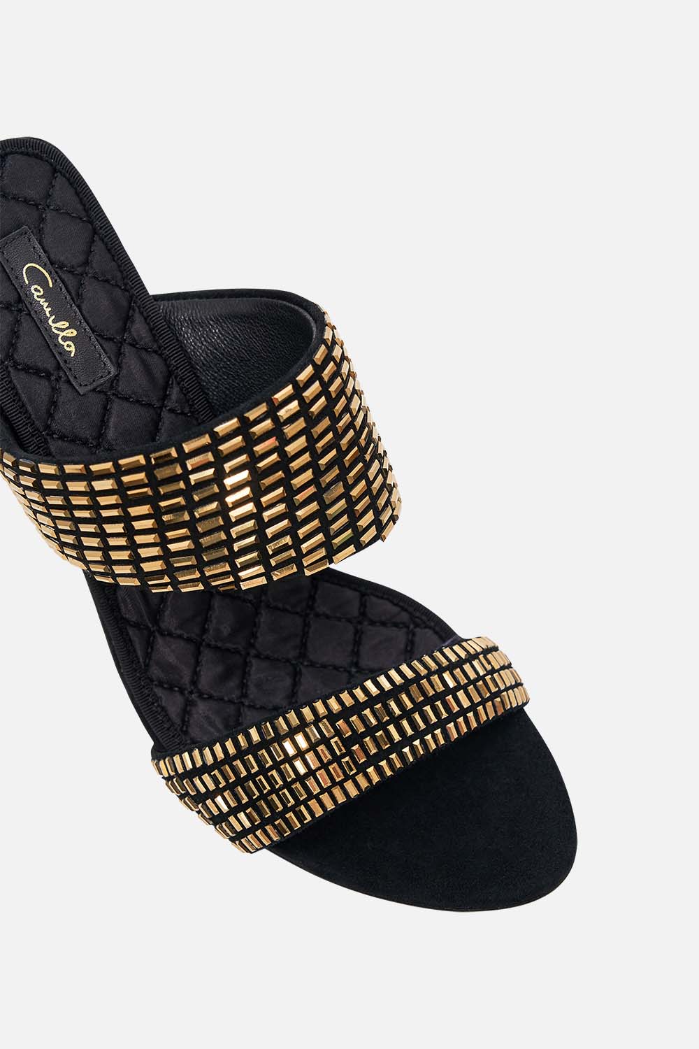 CAMILLA Sara snake block heel mule in Solid Black print